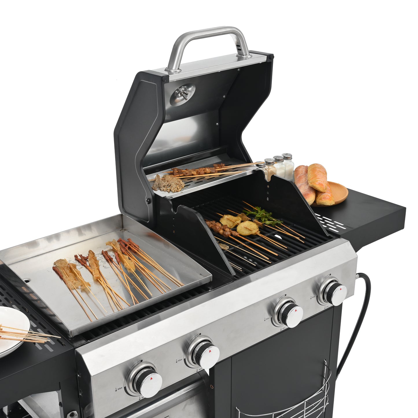 2+2 multifunctional gas barbecue grill and covered grill combination for outdoor cooking - barbecue, barbecue, pizza.