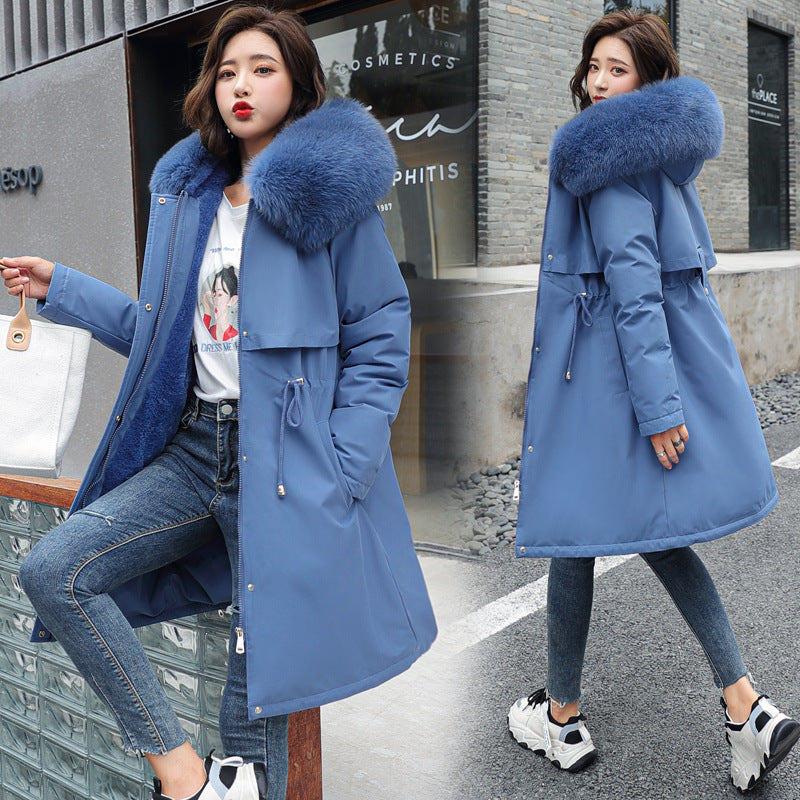 Korean version of long and medium length big fur collar with fleece jacket cotton jacket for women's fashion