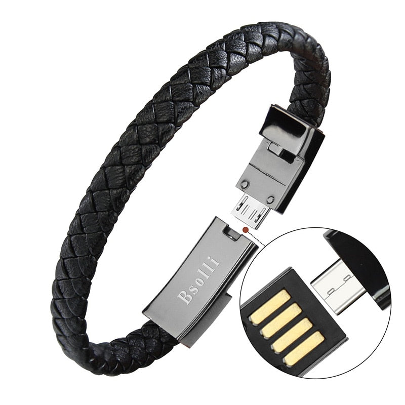 Travel Fast USB Phone Chargers Jewelry Black Punk Rubber Silicone Braided Leather Bracelet  Men Stainless Steel Magnetic Clasp