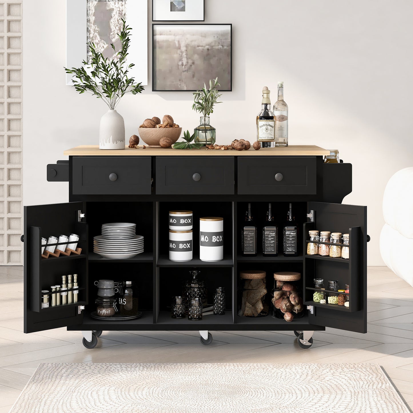 Kitchen trolley with rubber wood leaf countertop, 5-wheel kitchen island, storage cabinet and 3 dining drawers, black