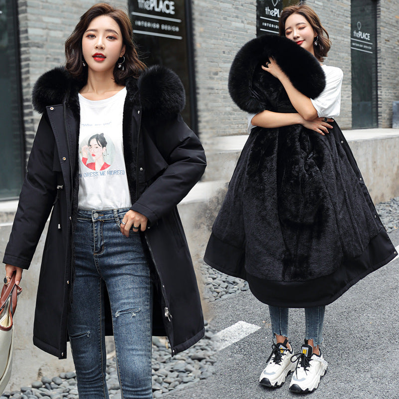 Korean version of long and medium length big fur collar with fleece jacket cotton jacket for women's fashion