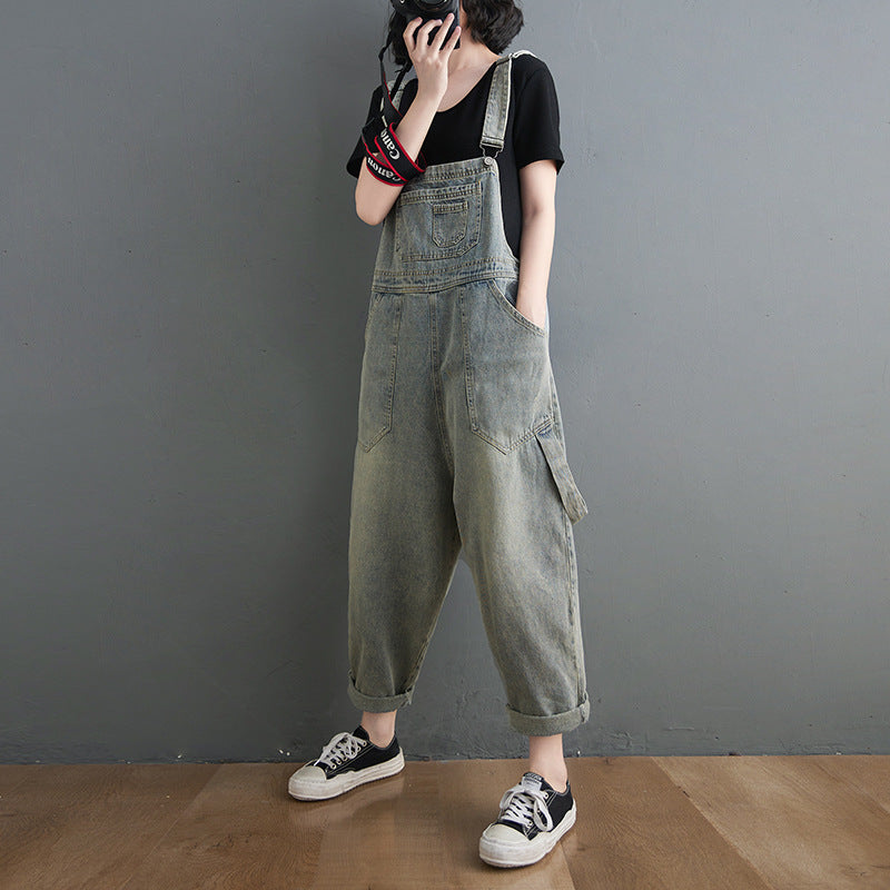 Vintage Jeans Jumpsuit Women Side Pockets Loose Retro Spaghetti Strap Denim Jumpsuit Ankle-length Romper Women Sleeveless