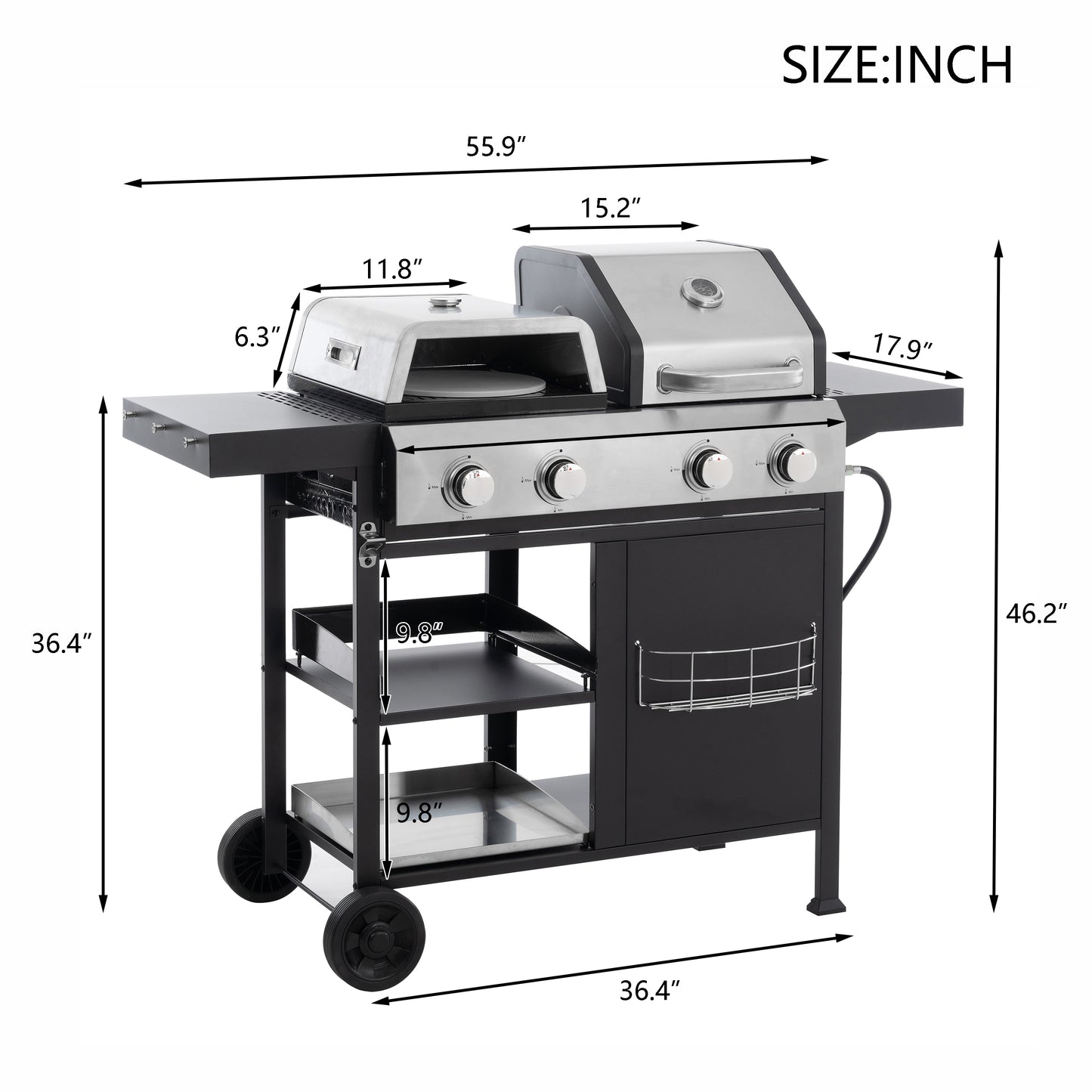 2+2 multifunctional gas barbecue grill and covered grill combination for outdoor cooking - barbecue, barbecue, pizza.