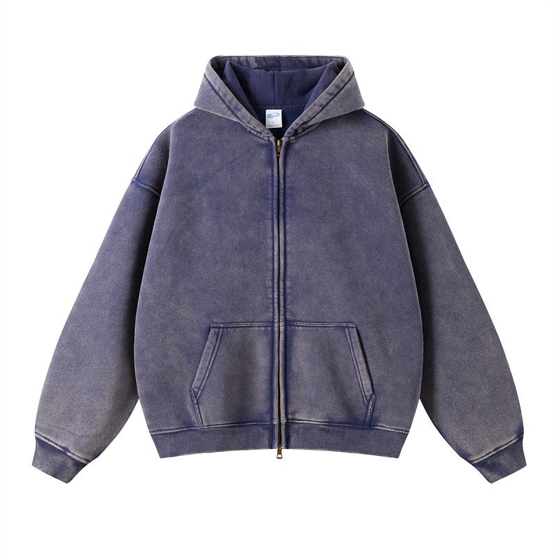 Solid color distressed fleece hoodie loose and versatile washed zipper sweatshirt for men