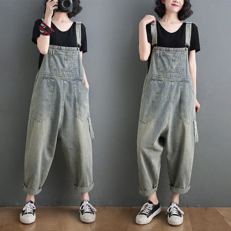 Vintage Jeans Jumpsuit Women Side Pockets Loose Retro Spaghetti Strap Denim Jumpsuit Ankle-length Romper Women Sleeveless