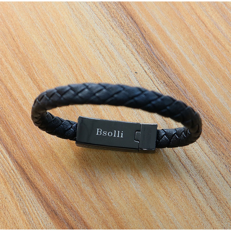 Travel Fast USB Phone Chargers Jewelry Black Punk Rubber Silicone Braided Leather Bracelet  Men Stainless Steel Magnetic Clasp