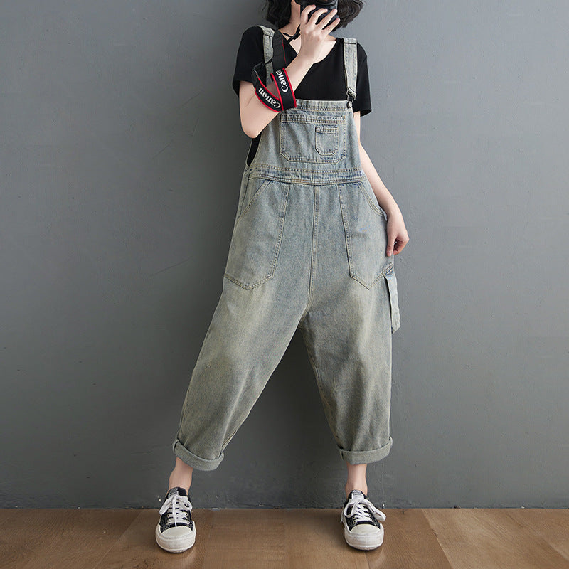 Vintage Jeans Jumpsuit Women Side Pockets Loose Retro Spaghetti Strap Denim Jumpsuit Ankle-length Romper Women Sleeveless