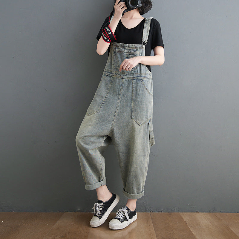 Vintage Jeans Jumpsuit Women Side Pockets Loose Retro Spaghetti Strap Denim Jumpsuit Ankle-length Romper Women Sleeveless