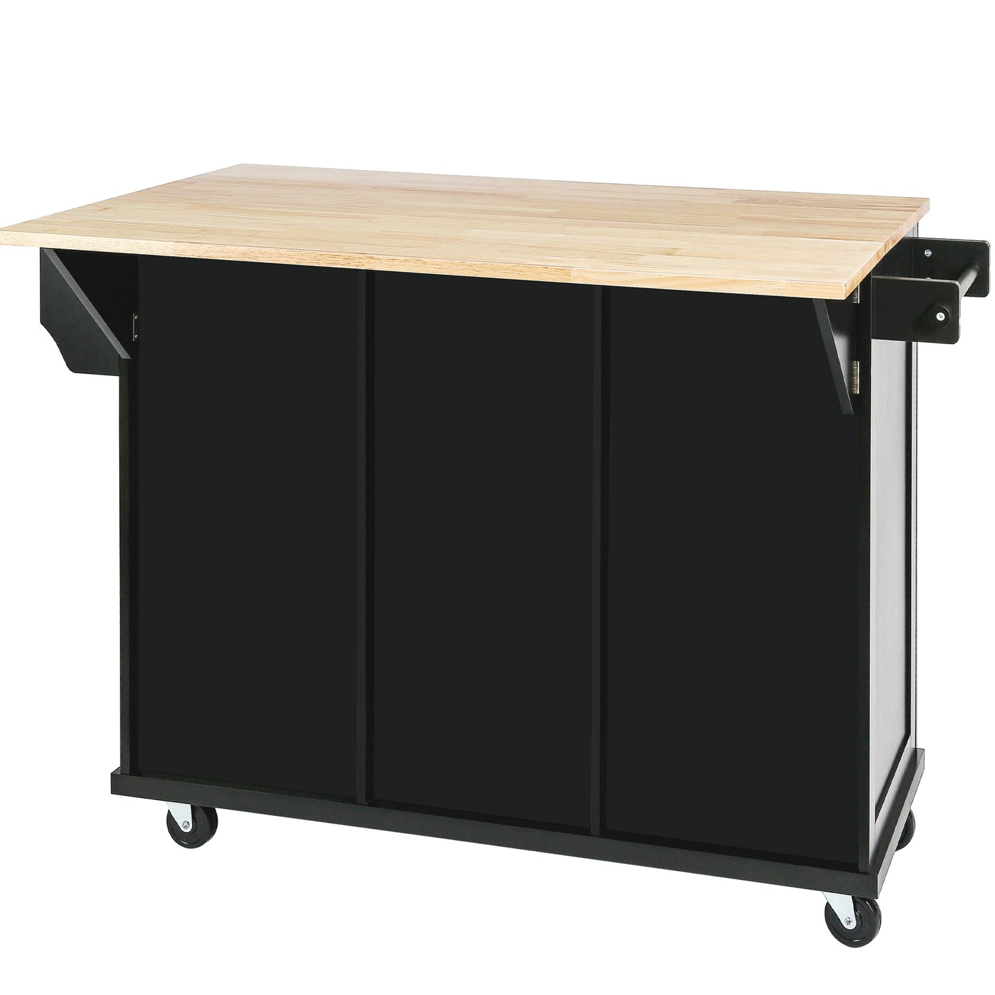 Kitchen trolley with rubber wood leaf countertop, 5-wheel kitchen island, storage cabinet and 3 dining drawers, black