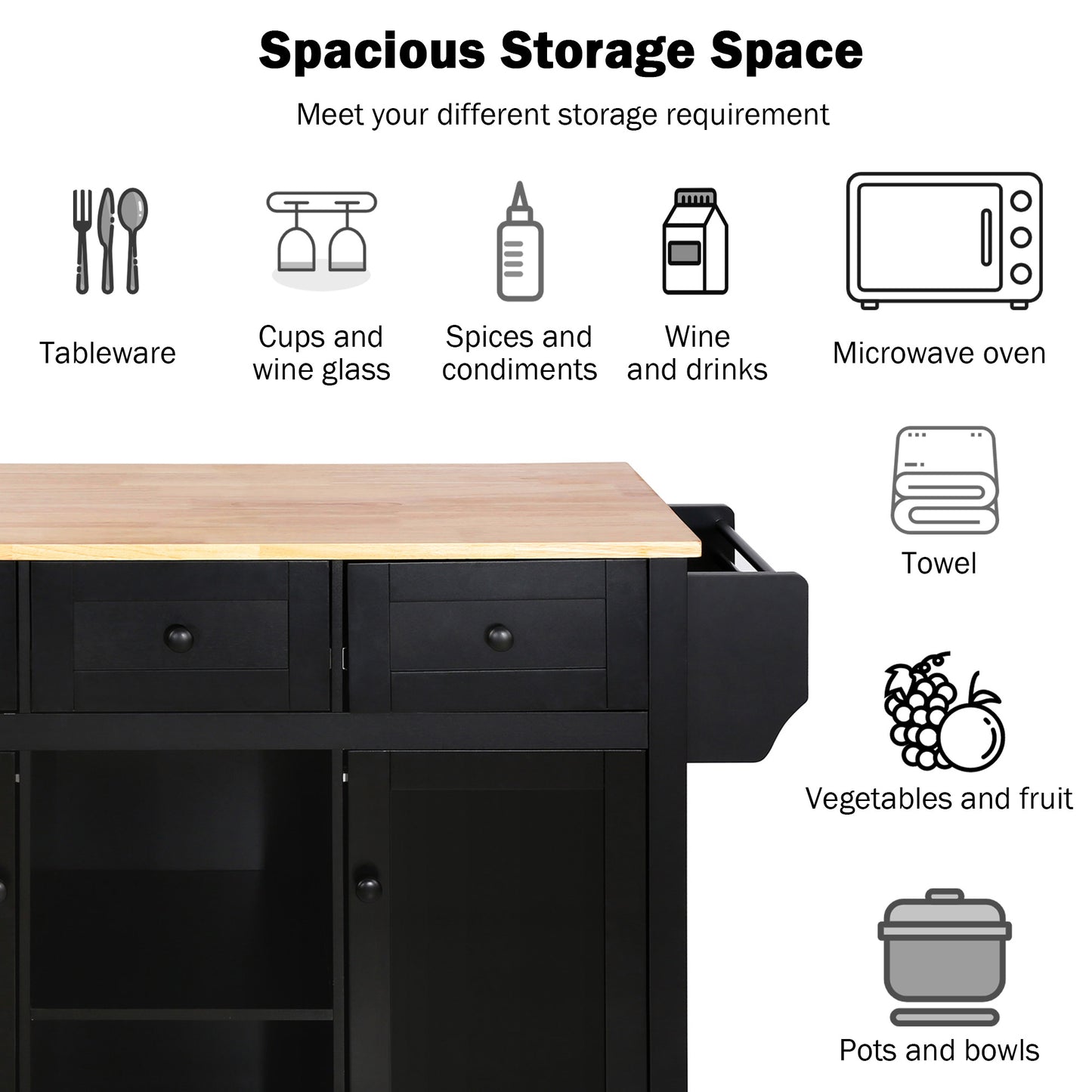 Kitchen trolley with rubber wood leaf countertop, 5-wheel kitchen island, storage cabinet and 3 dining drawers, black