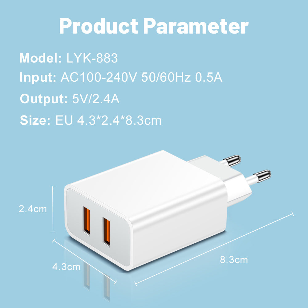 QC3.0 Dual USB Mobile Phone Charger with 2.4A 2-port Charging Head and Travel Charging Head