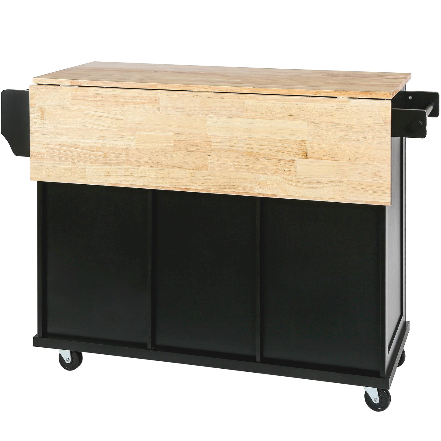 Kitchen trolley with rubber wood leaf countertop, 5-wheel kitchen island, storage cabinet and 3 dining drawers, black