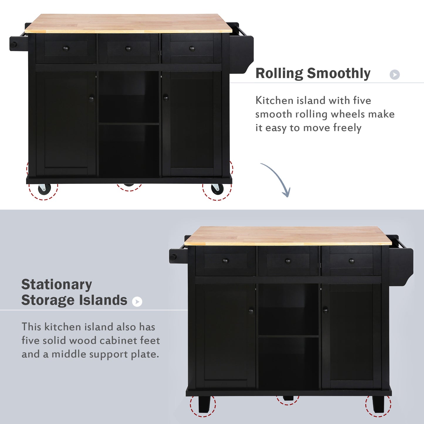 Kitchen trolley with rubber wood leaf countertop, 5-wheel kitchen island, storage cabinet and 3 dining drawers, black