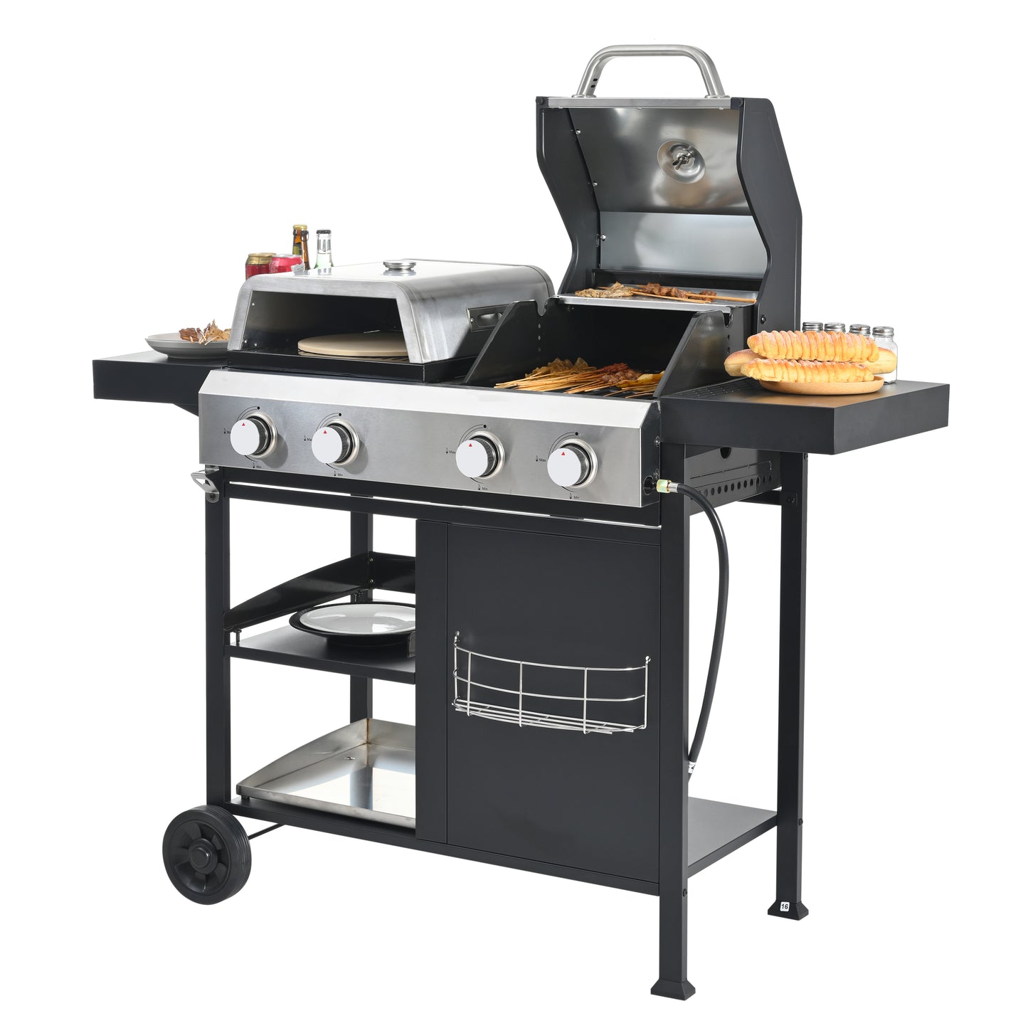 2+2 multifunctional gas barbecue grill and covered grill combination for outdoor cooking - barbecue, barbecue, pizza.