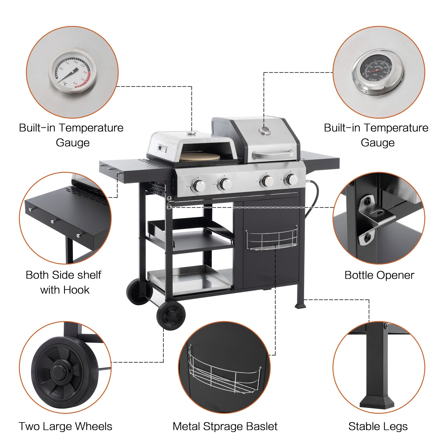 2+2 multifunctional gas barbecue grill and covered grill combination for outdoor cooking - barbecue, barbecue, pizza.