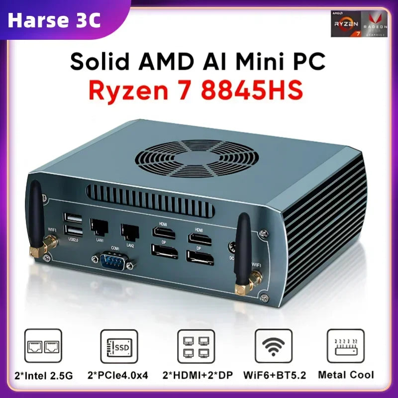 Solid FU03 AI Mini PC AMD Ryzen 7 8845HS 2*Intel 2.5G LAN 2*DDR5 2*NVME Windows 11 Firewall PC Gaming Computer 4x8K WiFi6